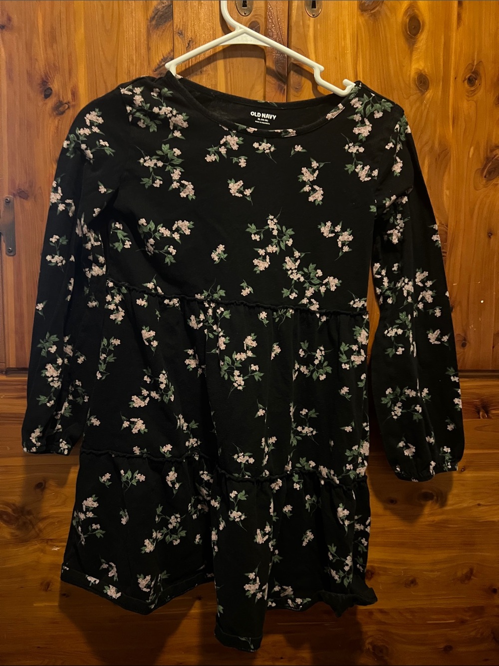 Old Navy Black Floral Tiered Long Sleeve Dress with Pink & Green Accents